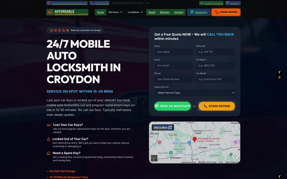 Homepage of the Affordable Car Key website as it looks live