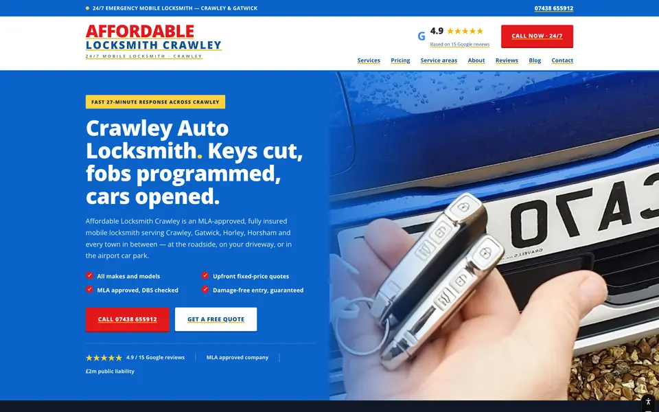 Homepage of the Affordable Locksmith Crawley website as it looks live