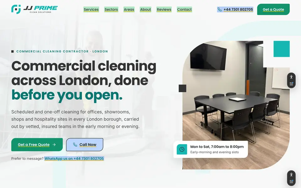 Homepage of the JJ Prime Clean Solutions website as it looks live