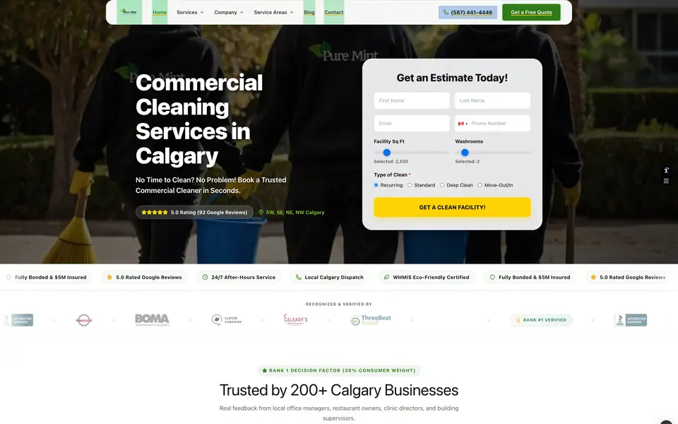 Homepage of the Pure Mint Cleaning website as it looks live