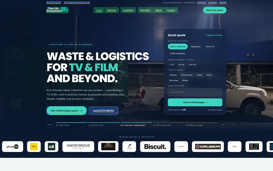 Homepage of the Take Me Elsewhere website as it looks live